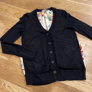 Derek Lam V-Neck Cardigan w/ Silk Floral Design At Back